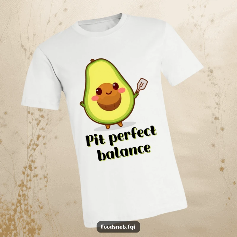 Funny t-shirt featuring a grinning avocado character skillfully balancing its large pit on a tiny spatula, showcasing its balancing act.