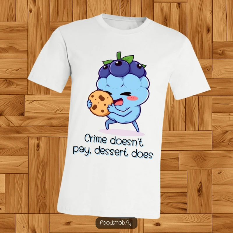 Funny t-shirt showcasing a cheeky blueberry character attempting to snatch a cookie, ideal for a humorous present.