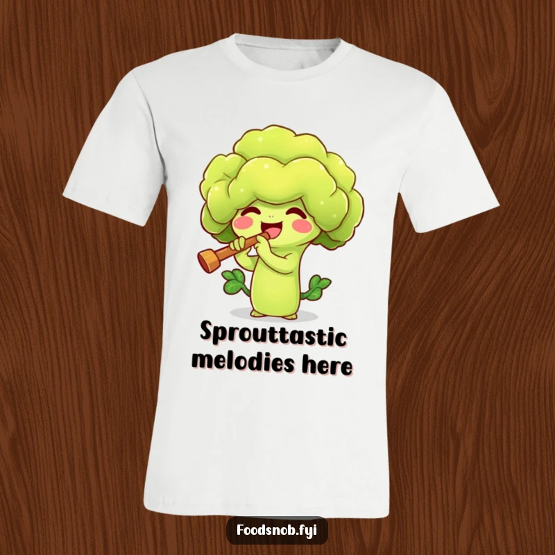 Funny t-shirt showcasing a vibrant broccoli sprout character happily playing a miniature flute. A delightful and humorous vegetable design.