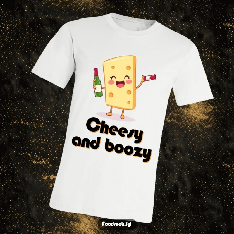 Funny gleeful cheese slice character wearing a tiny wine bottle, printed on a comfortable t-shirt for foodie fun.