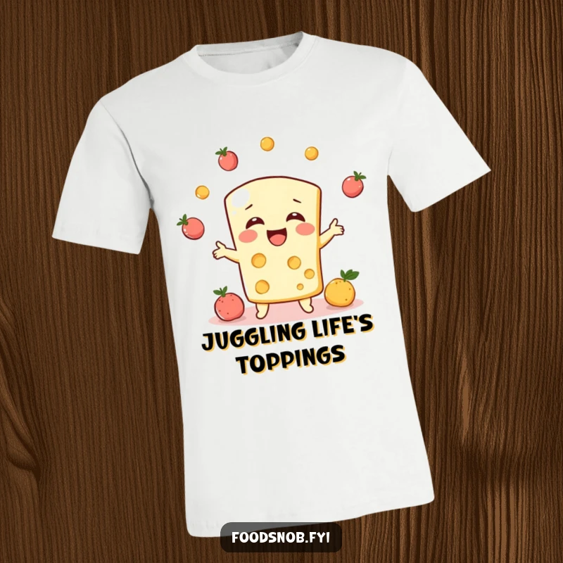 Funny t-shirt, a bubbly cheese character giggling while juggling tiny fruits, full of playful energy.