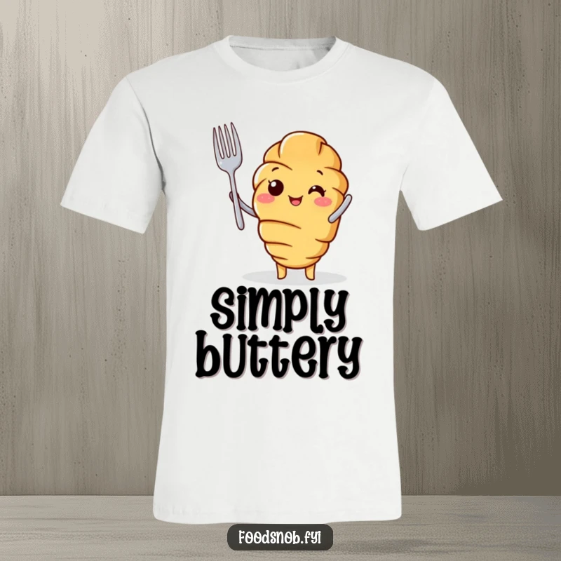 Funny T-Shirt of a cheerful croissant character holding a tiny fork with pride, like a chef.