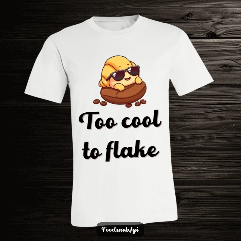 Funny Croissant T-Shirt: A smiling croissant character wearing miniature sunglasses, relaxing casually on a large coffee bean.