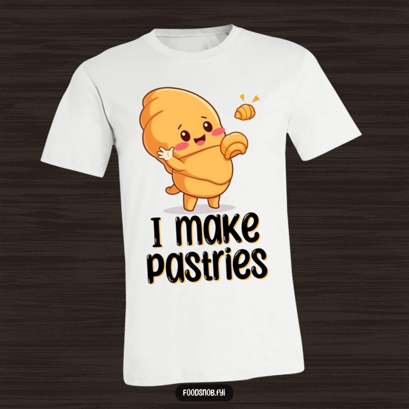 Funny T-shirt featuring a cute, smiling croissant character dramatically gesturing towards a tiny, golden croissant, embodying pastry obsession with humor.