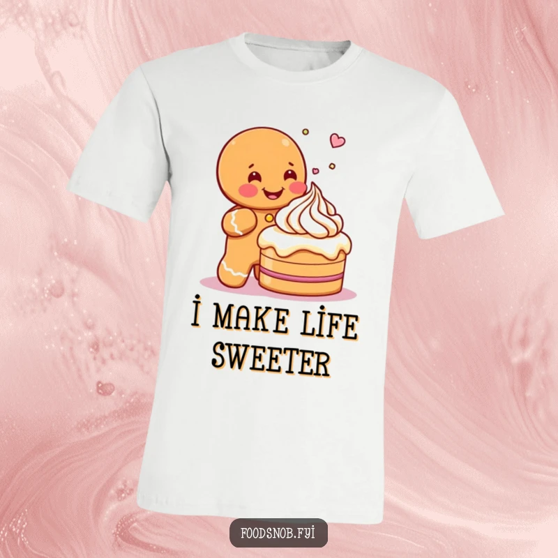 Funny t-shirt with a gleeful gingerbread man character expertly sprinkling icing onto a miniature cake, celebrating baking joy.