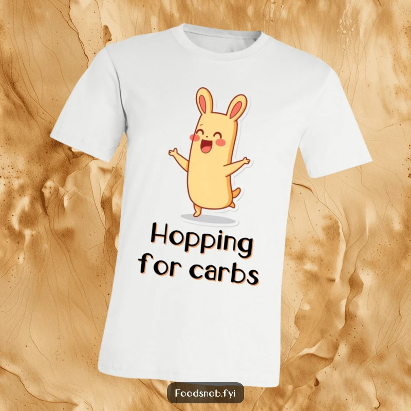 Funny thrilled baguette character joyfully hopping with a big smile, a humorous and energetic design on this t-shirt.