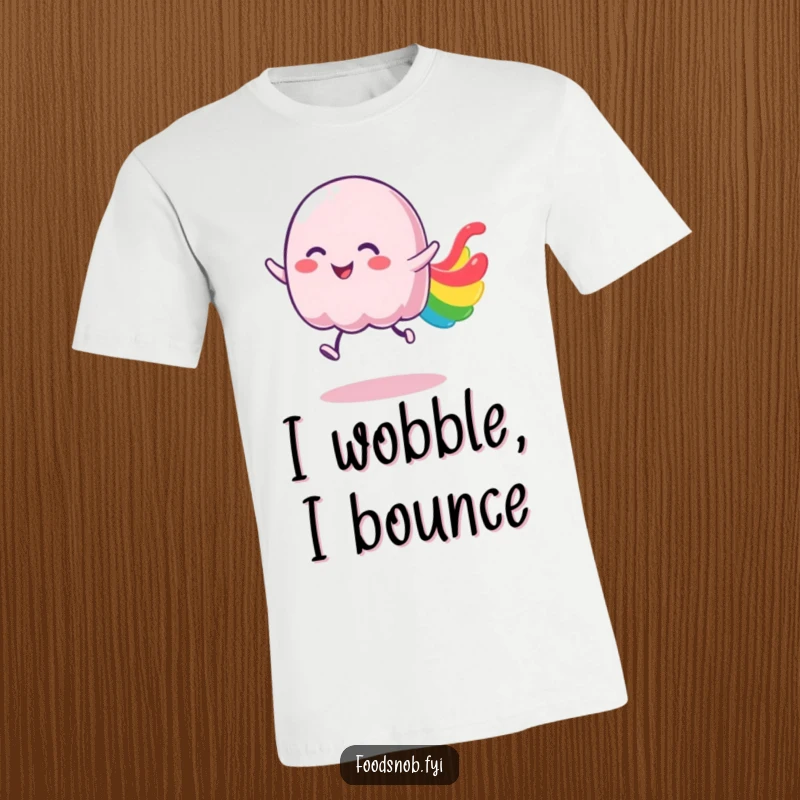 Funny jelly t-shirt showing a wobbly character bouncing with joy, leaving a delightful, colorful trail behind.
