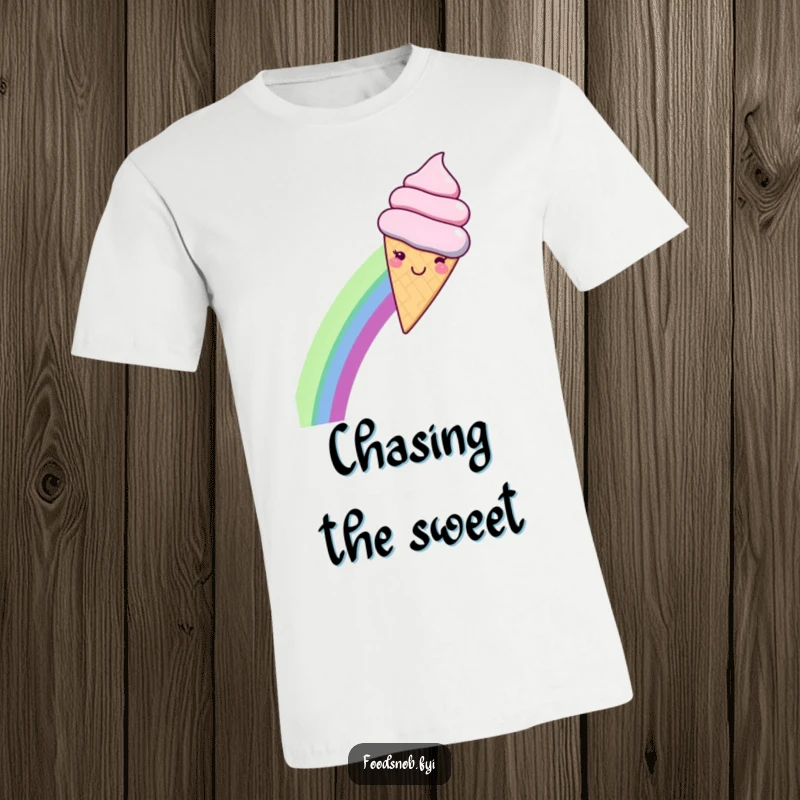 Funny t-shirt featuring a smiling kawaii ice cream cone gleefully sliding down a vibrant rainbow, perfect for sunny days and happy vibes.