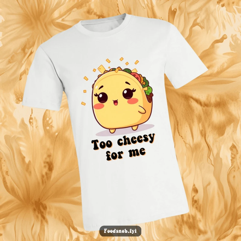 Funny t-shirt showcasing a surprised kawaii taco delightedly receiving a sprinkle of tiny cheese shreds, a whimsical and humorous apparel.