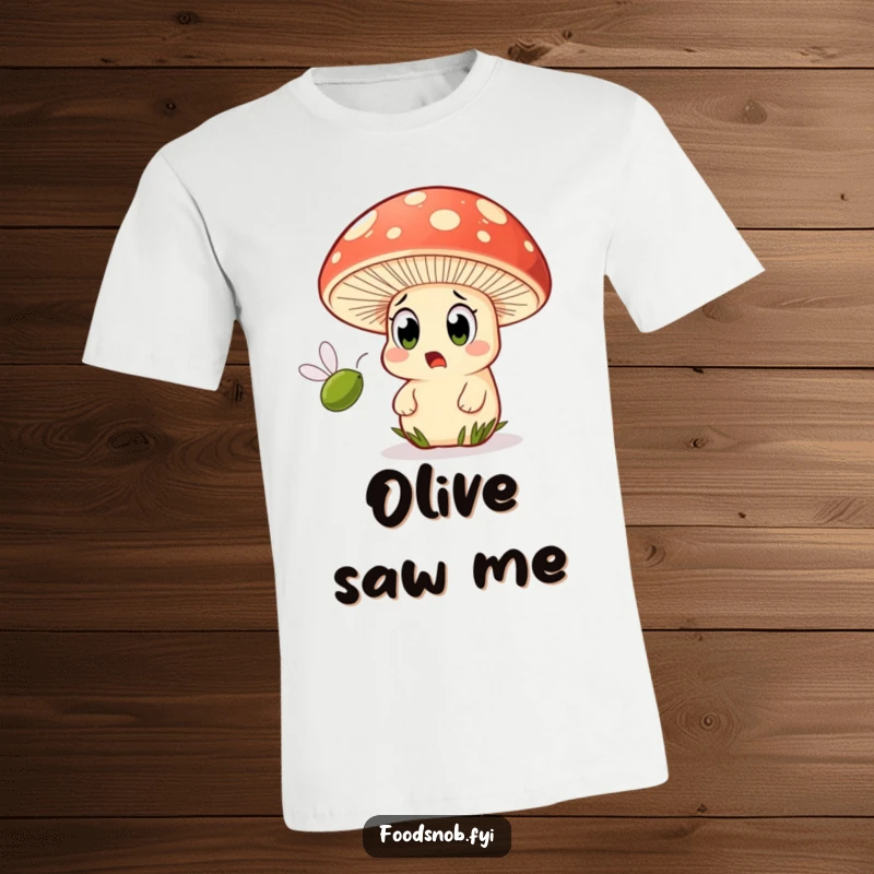 Funny t-shirt featuring a shocked mushroom character with bulging eyes reacting to a fast-moving olive.