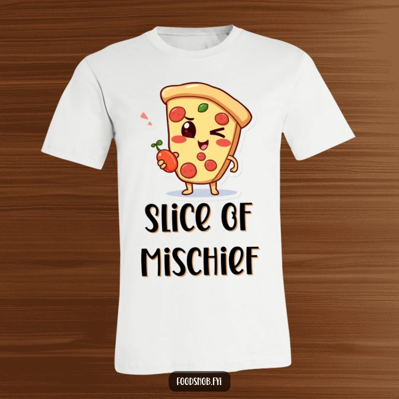 Funny t-shirt depicting a mischievous pizza slice character winking with a small pepperoncini, promoting playful attitude.