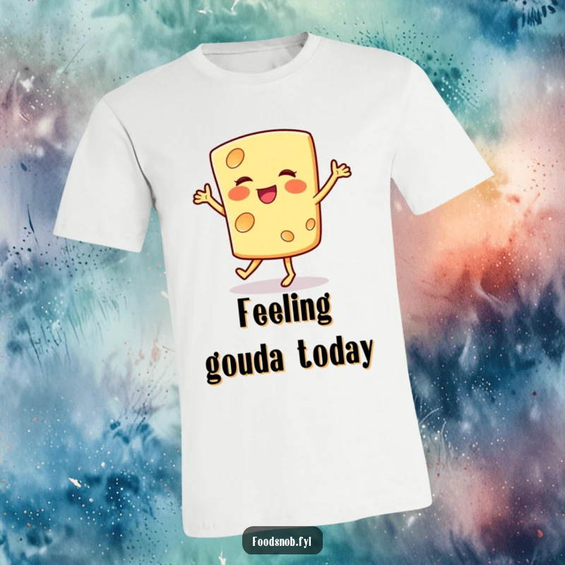 Funny t-shirt with a smiling cheese slice performing a happy jig, conveying a fun-loving and cheesy personality.