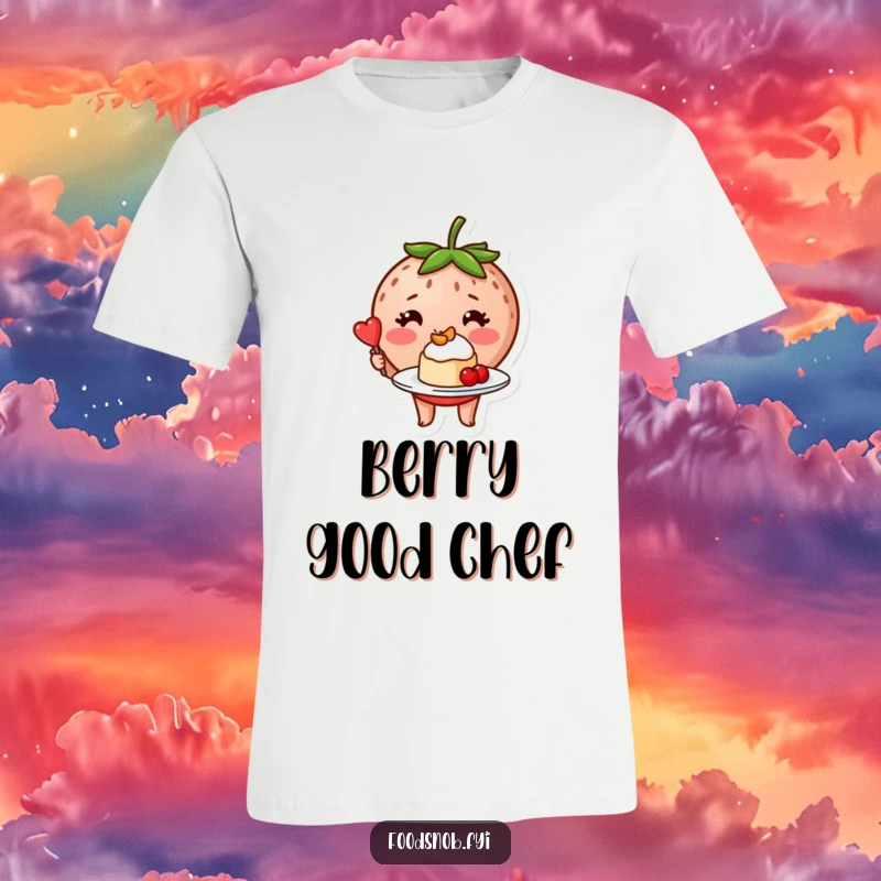Funny blushing strawberry character proudly displaying a miniature, perfectly plated dessert on a fun t-shirt.