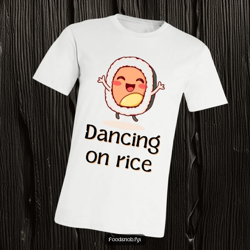 Funny t-shirt, a cheerful sushi roll character doing a happy little dance, full of energy and joy.