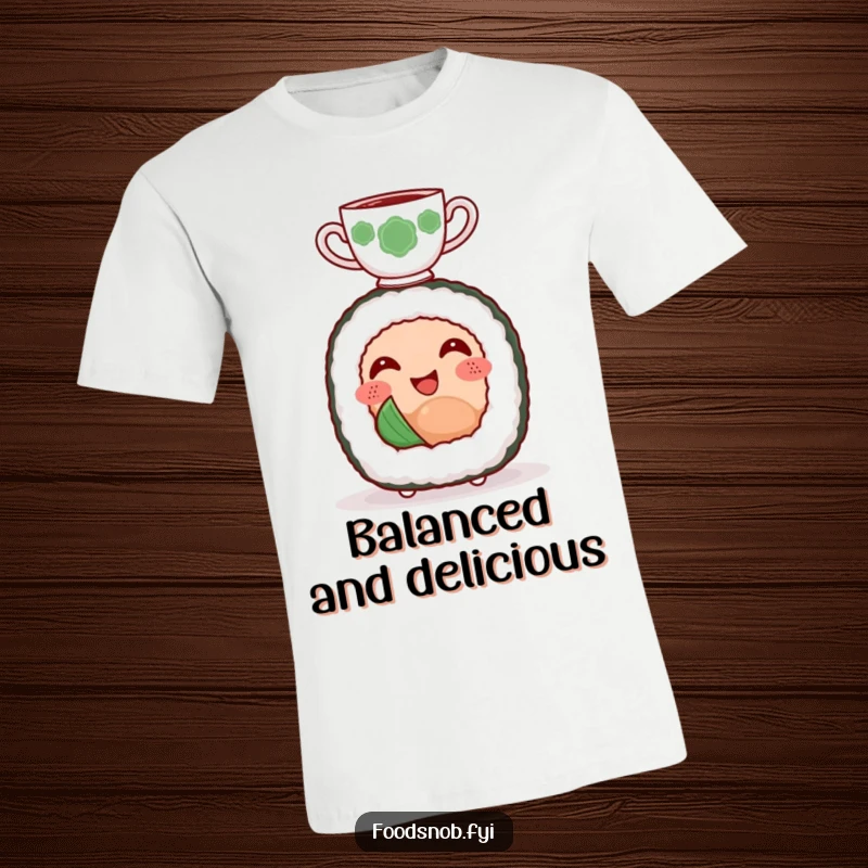 Funny t-shirt design of a smiling sushi roll character happily balancing a tiny teacup on its head.