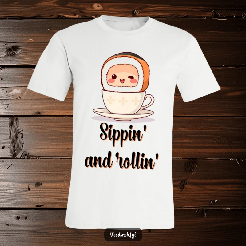 Funny T-Shirt featuring a cheerful sushi slice with a joyful smile attempting to balance a miniature teacup, showcasing delicate effort.