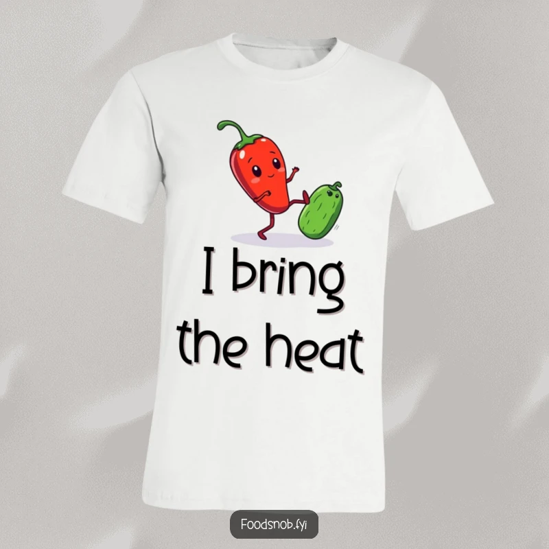 Funny T-Shirt featuring a dynamic red chili pepper with tiny legs comically kicking a small cucumber, depicting a ridiculous food battle.