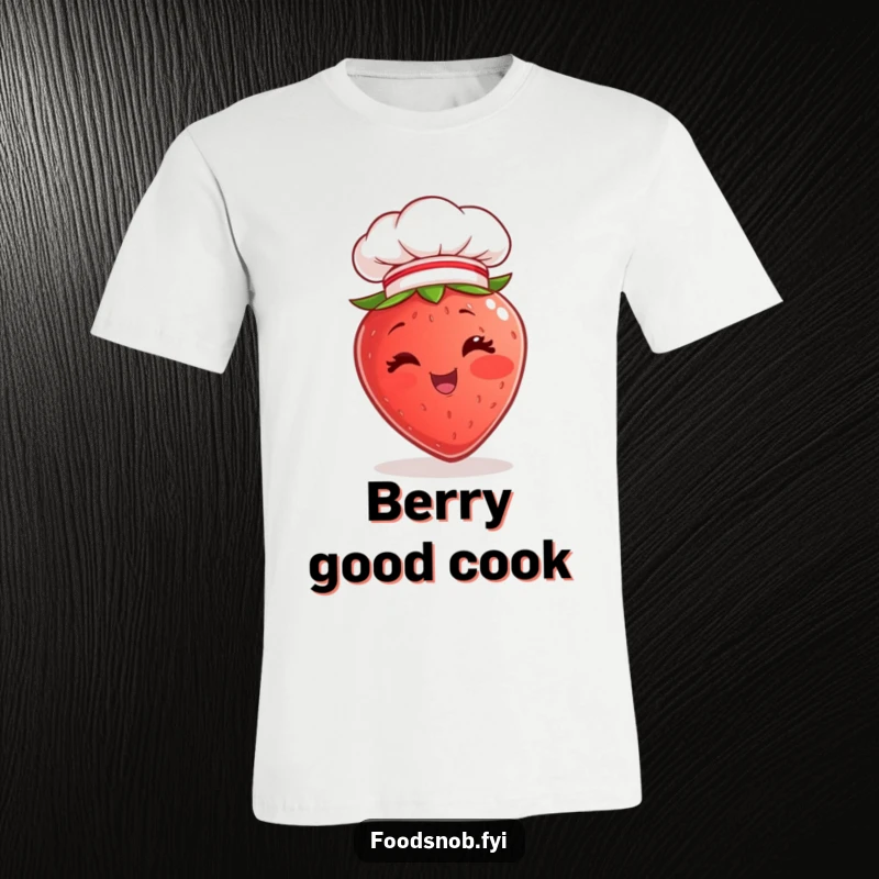 Funny T-Shirt featuring a charming strawberry character giving a wink, wearing a miniature chef hat, embodying culinary playfulness.