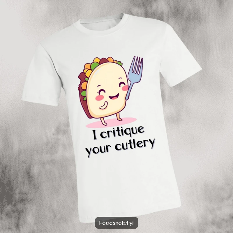 Funny taco t-shirt with a smiling taco on tiny legs, nose-critiquing a small fork, ideal for a humorous clothing gift.