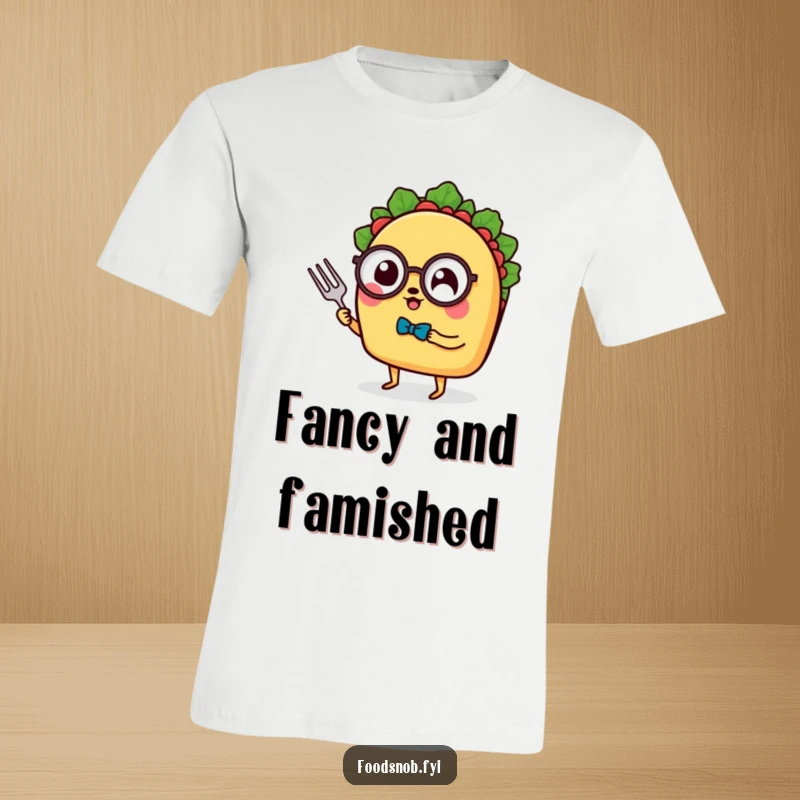 Funny T-Shirt: A dapper taco with tiny legs, monocle, and fork, exuding class and humor, perfect for a funny gift.