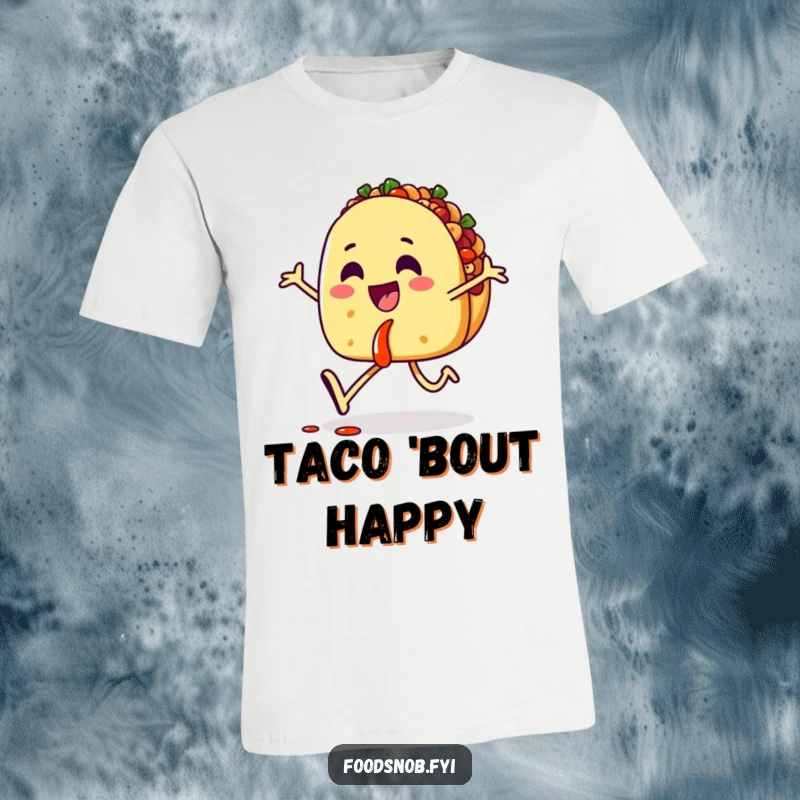 Funny t-shirt depicting a happy taco character skipping gleefully with dripping salsa, capturing a moment of pure food enjoyment.