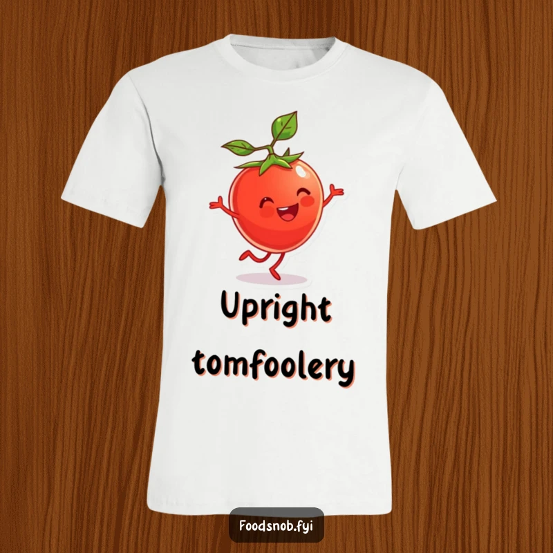 Funny T-Shirt of a small cherry tomato character with tiny legs doing a dynamic cartwheel.