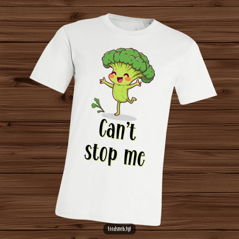 Funny t-shirt of a joyful broccoli character hilariously attempting a cartwheel, showcasing humorous determination and the spirit of trying hard.