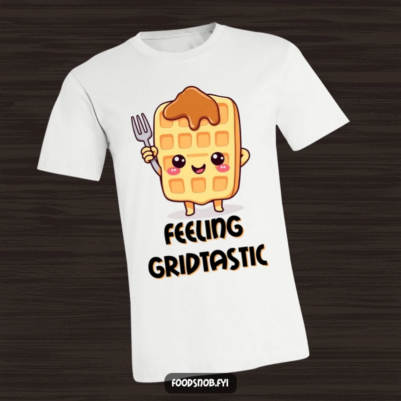 Funny t-shirt with a cheerful waffle character happily pointing upwards with a small fork, radiating positivity.