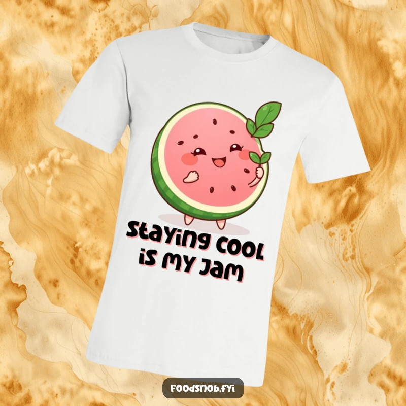 Funny t-shirt with a smiling watermelon slice character excitedly fanning itself with a small leaf, perfect for warm weather enjoyment.