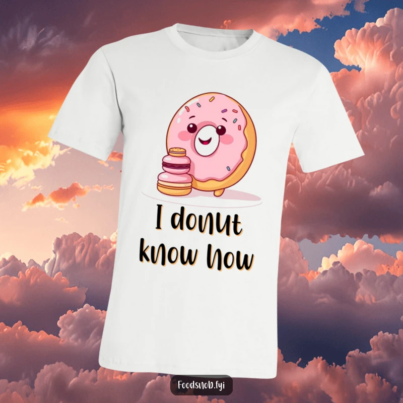 Funny t-shirt featuring a smiling donut character with sprinkles excitedly trying to balance tiny macarons perfectly.