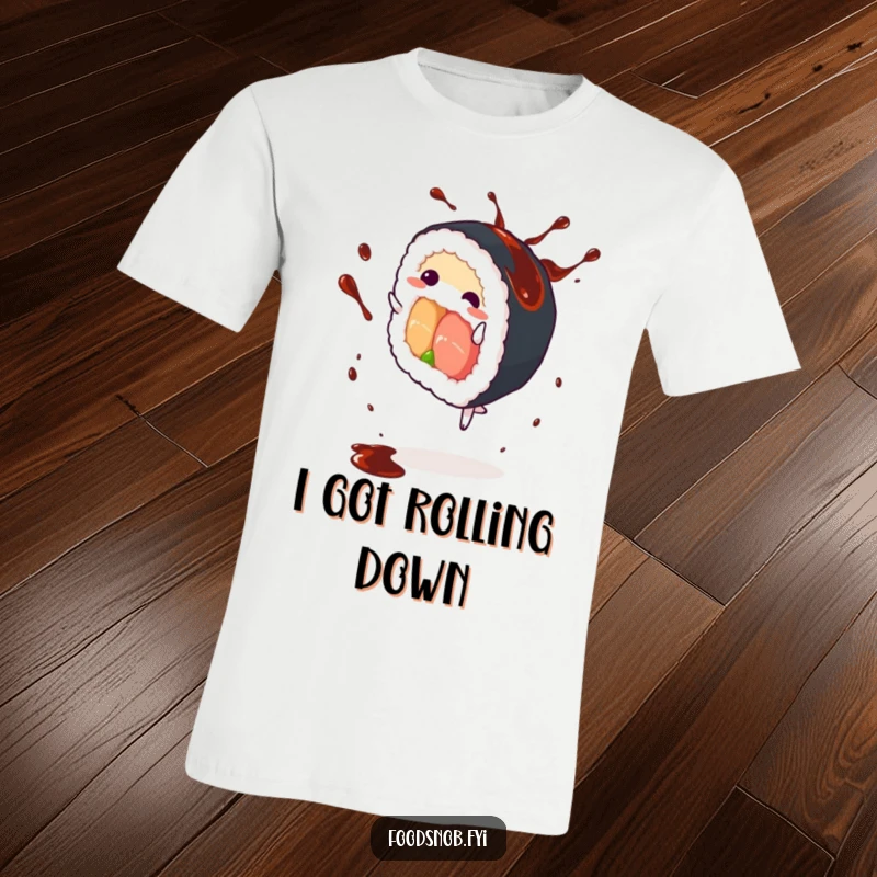 Funny Sushi Roll T-Shirt: An energetic anthropomorphic sushi roll performing a cartwheel, with soy sauce splashing around, a fun apparel.