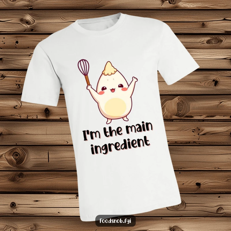 Funny burrito t-shirt featuring a cheerful character triumphantly raising a tiny whisk, perfect for foodies and aspiring chefs alike.
