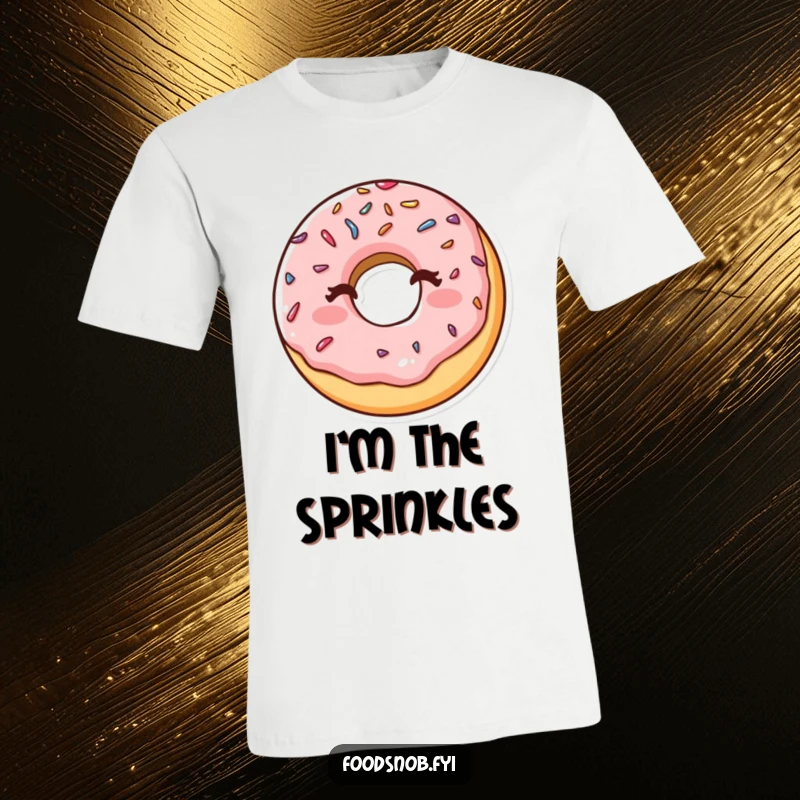 Funny t-shirt with a happy donut adorned with sprinkles, winking cheekily, conveying a fun-loving and sweet personality.
