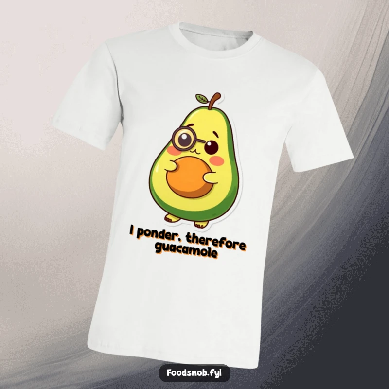 Funny t-shirt, a plump avocado character with a tiny monocle, appearing very intellectual and thoughtful, great conversation starter.