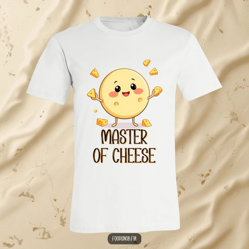 Funny Cheese T-Shirt: A charming round cheese character masterfully juggling miniature cheese wedges with a joyful expression.