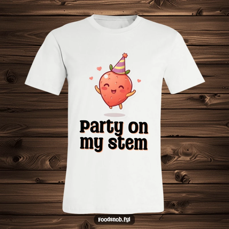 Funny T-Shirt: An illustration of a delighted strawberry spinning energetically, wearing a small party hat, symbolizing pure, unadulterated fun.