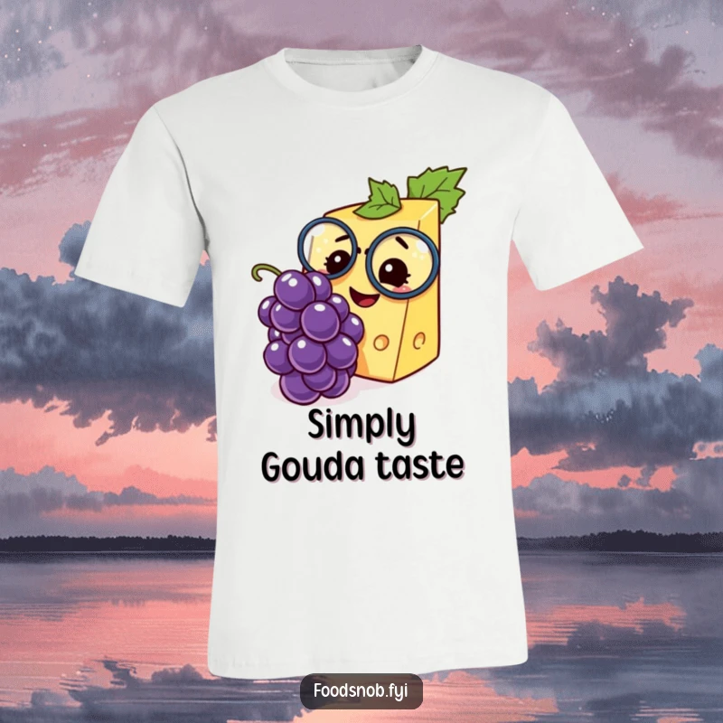 Funny T-shirt showcasing a smiling cheese wedge with a monocle, delightedly inspecting a miniature grape with a sophisticated air.