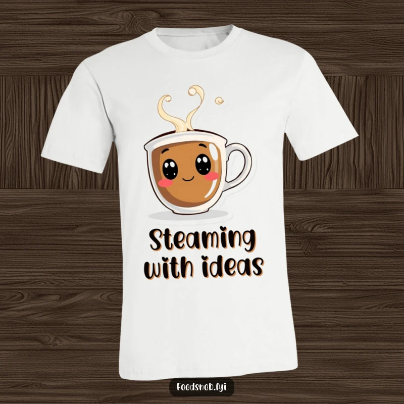 Funny t-shirt displaying a curious coffee cup with energetic steam swirling around it, perfect for coffee enthusiasts.