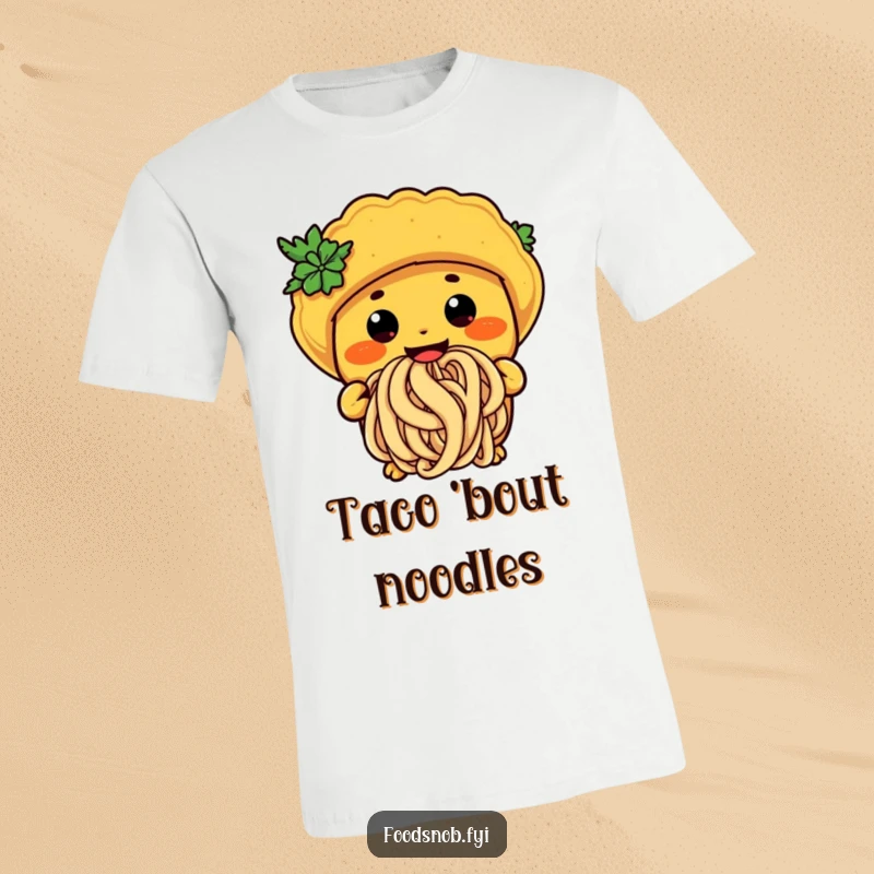 Funny taco t-shirt featuring a character happily slurping a giant noodle, showcasing a love for fusion cuisine.