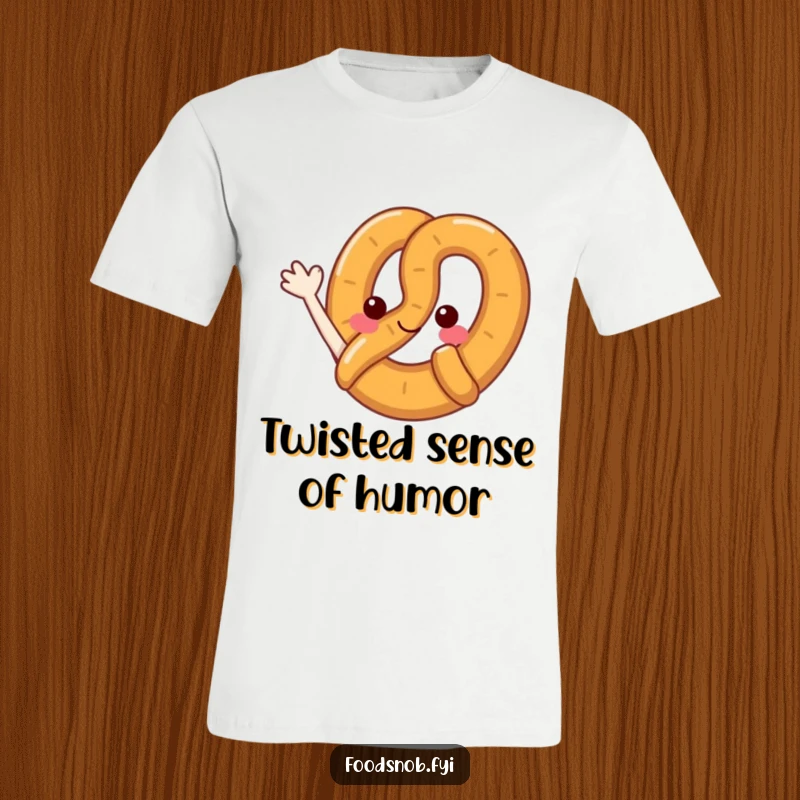 Funny pretzel t-shirt showcasing a cheerful pretzel figure giving a little loop wave, ideal for casual wear and adding humor.
