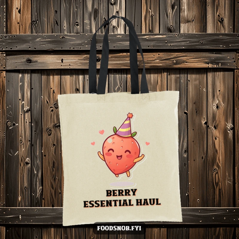 Funny Tote Bag: A vibrant tote bag displaying a delighted strawberry spinning joyfully while wearing a small party hat, perfect for festive occasions.