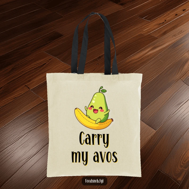 Funny Avocado Tote Bag: A durable tote showcasing a laughing avocado character sliding down a banana peel, great for humorous carrying.