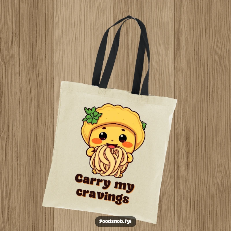 Funny taco noodle tote bag featuring a character happily slurping a giant noodle, a humorous and practical accessory.