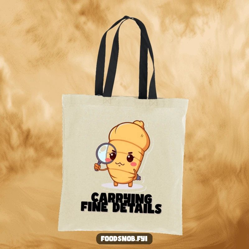 Funny croissant tote bag with a haughty croissant, pursed lips, holding a tiny magnifying glass, chic and humorous accessory gift.