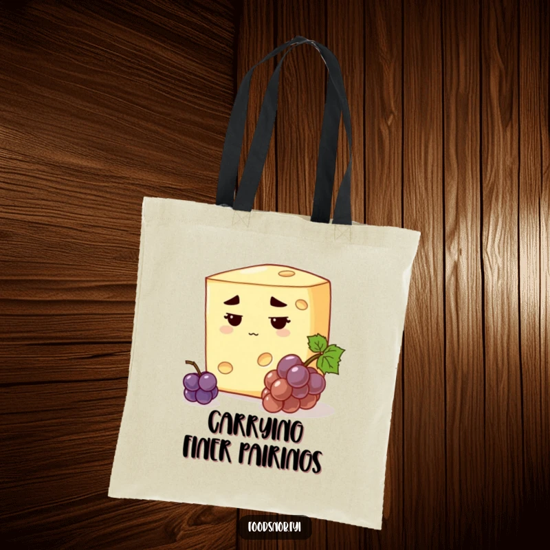 Funny stern cheese tote bag with a discerning cheese, stern expression, inspecting a tiny grape, witty accessory gift.