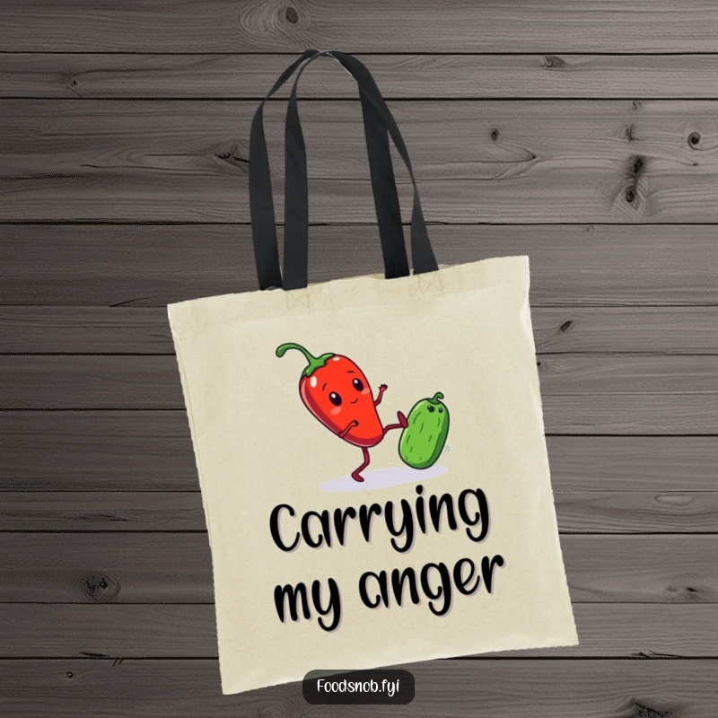 Funny Tote Bag showcasing a bright red chili pepper with tiny legs comically kicking a small cucumber, perfect for stylish grocery runs.