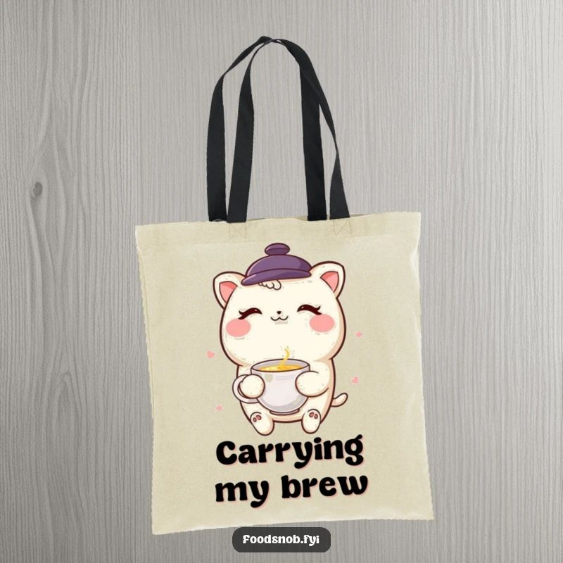 Funny smiling boba tea character winking with a miniature teacup on a chic tote bag.