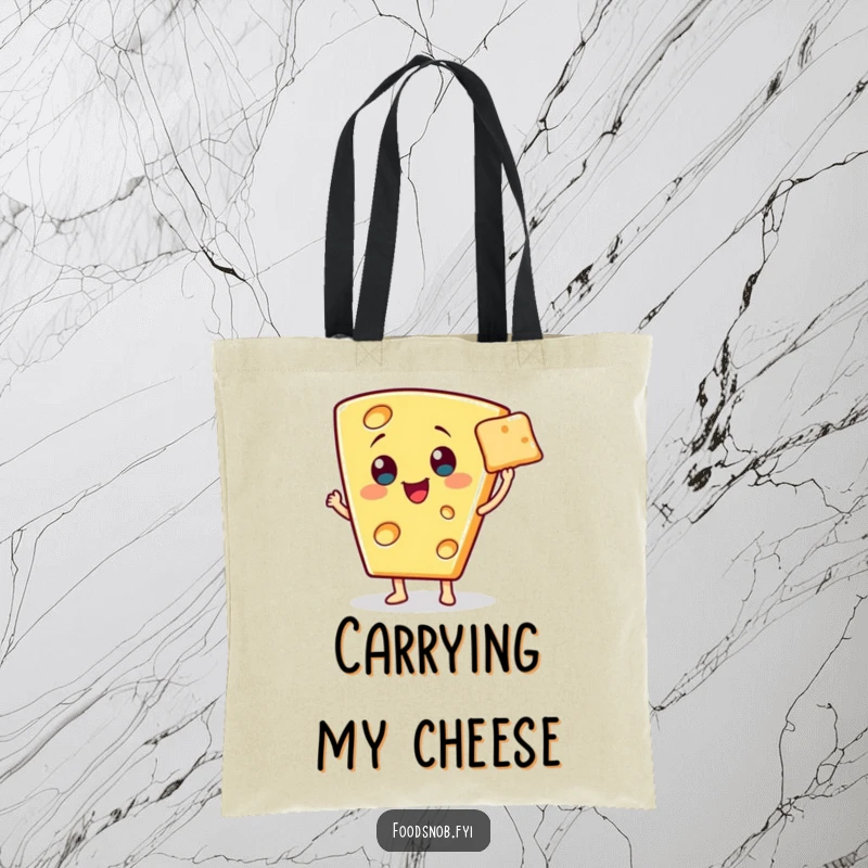Funny tote bag with a cheerful cheese wedge character presenting a tiny cracker with a flourish, perfect for stylish carrying.