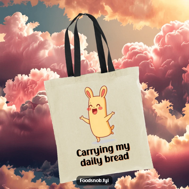 Funny thrilled baguette character joyfully hopping with a smile on this humorous and practical tote bag for bread lovers.