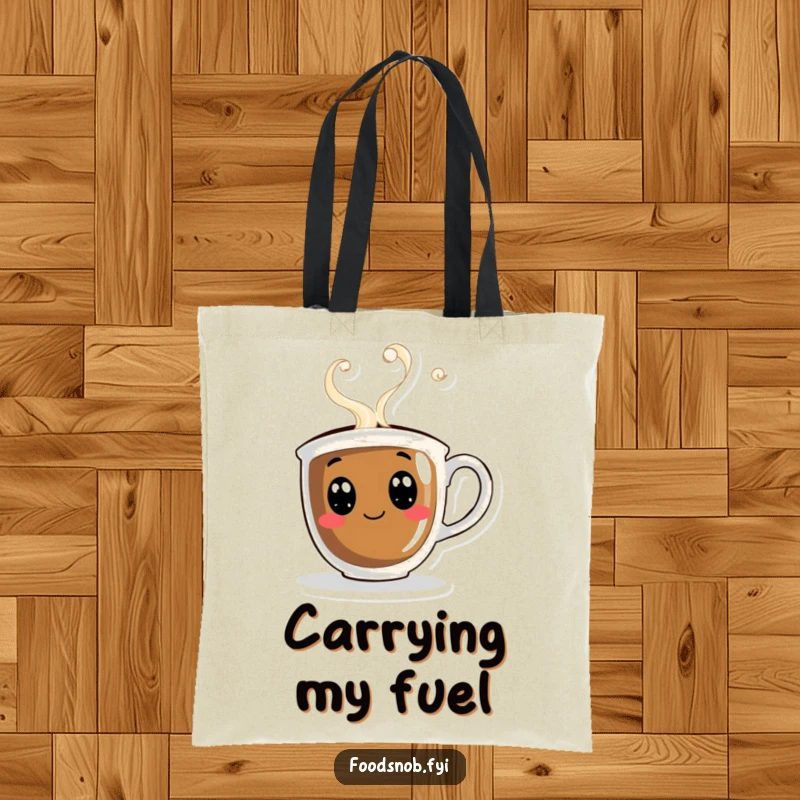 Funny tote bag showcasing a curious coffee cup with merry steam swirling, ideal for carrying daily items with a smile.